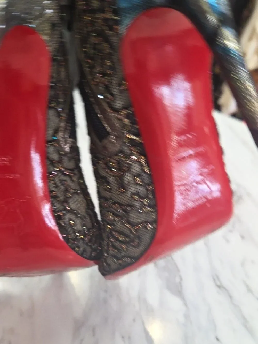 Christian Louboutin Metallic Gold and Black Lace Pointed-Ankle Boots